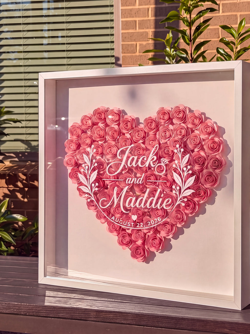Personalized wedding flower frame in natural light